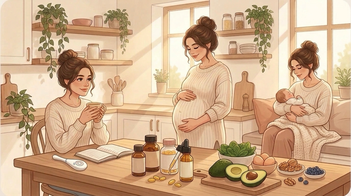 Illustratie van een vrouw in drie fasen — kinderwens, zwangerschap en moederschap — met supplementen, avocado, spinazie, eieren en noten op de keukentafel op de voorgrond
