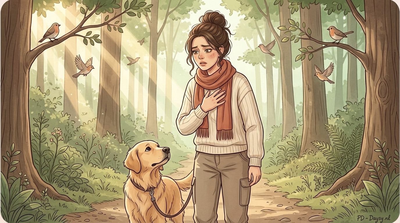 Illustratie van een vrouw die met de hand op haar borst over een bospad loopt, terwijl haar hond naast haar loopt