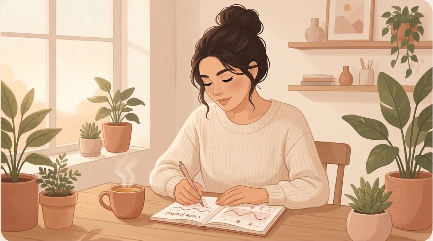 Vrouw schrijft in haar cyclusjournaal aan een houten tafel