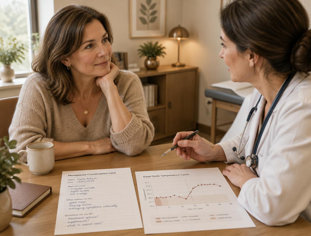 Vrouw in gesprek met haar huisarts met haar ingevulde Gesprekskaart en cycluscurve op tafel