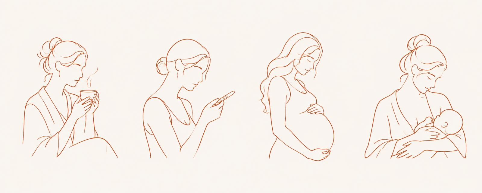 Lijntekening van vier vrouwen: voorbereiding, meten, zwangerschap en borstvoeding
