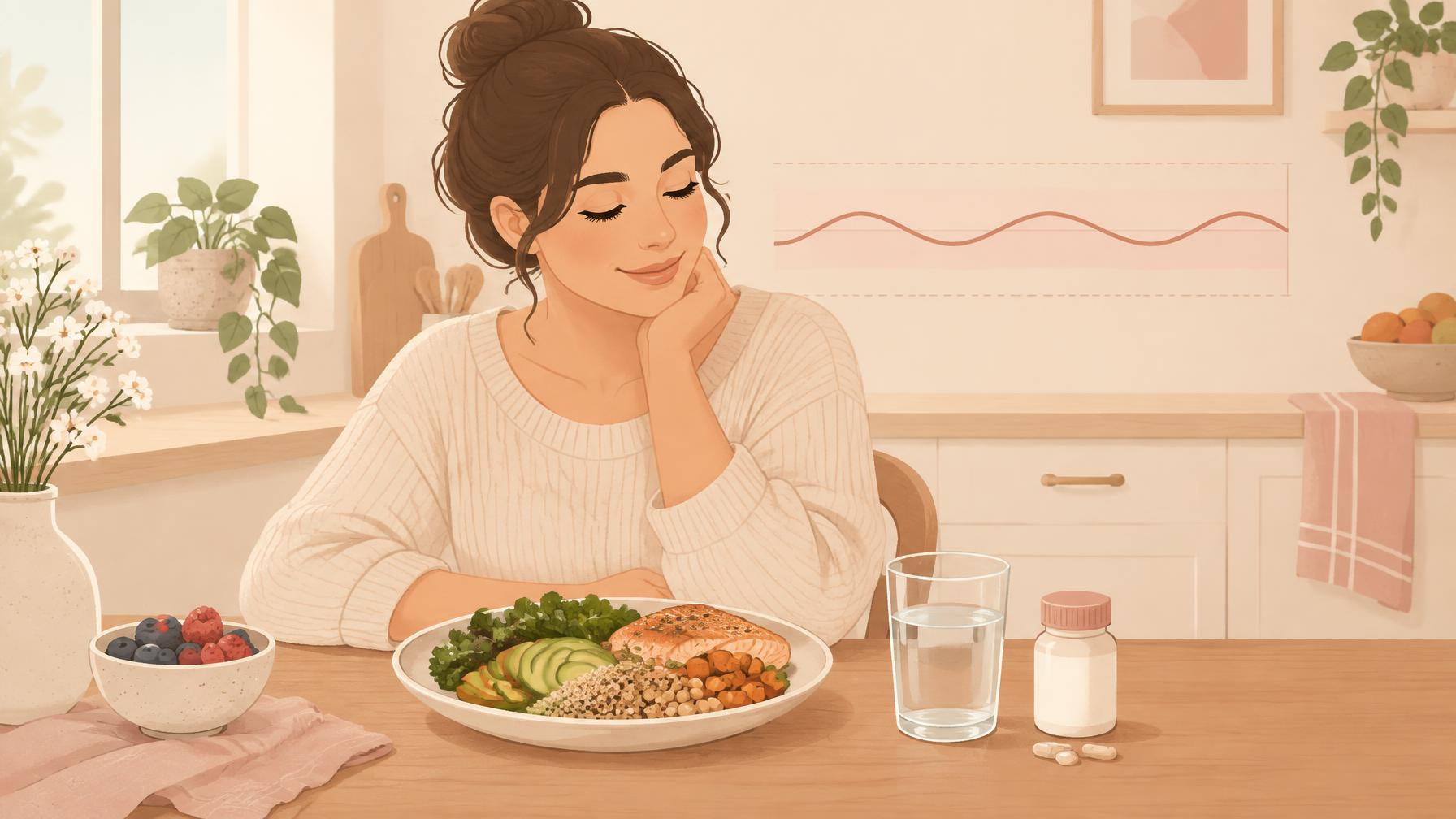 Vrouw aan de keukentafel met een gebalanceerde maaltijd en supplementen bij PCOS