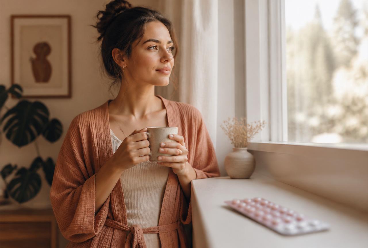 Vrouw in ochtendlicht met een kop thee na het stoppen met anticonceptie